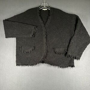 Max‎ Studio London Sweater Womens Large Black Fringe Trim Open Front Cardigan